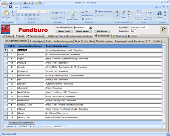 Einstellungsregister Fundbüro Datenbank