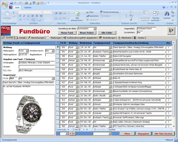 Hauptmaske Fundbüro Datenbank